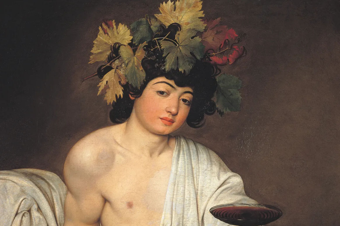 Seated figure wearing grape leaves, holding a wine glass amid fruit and drapery