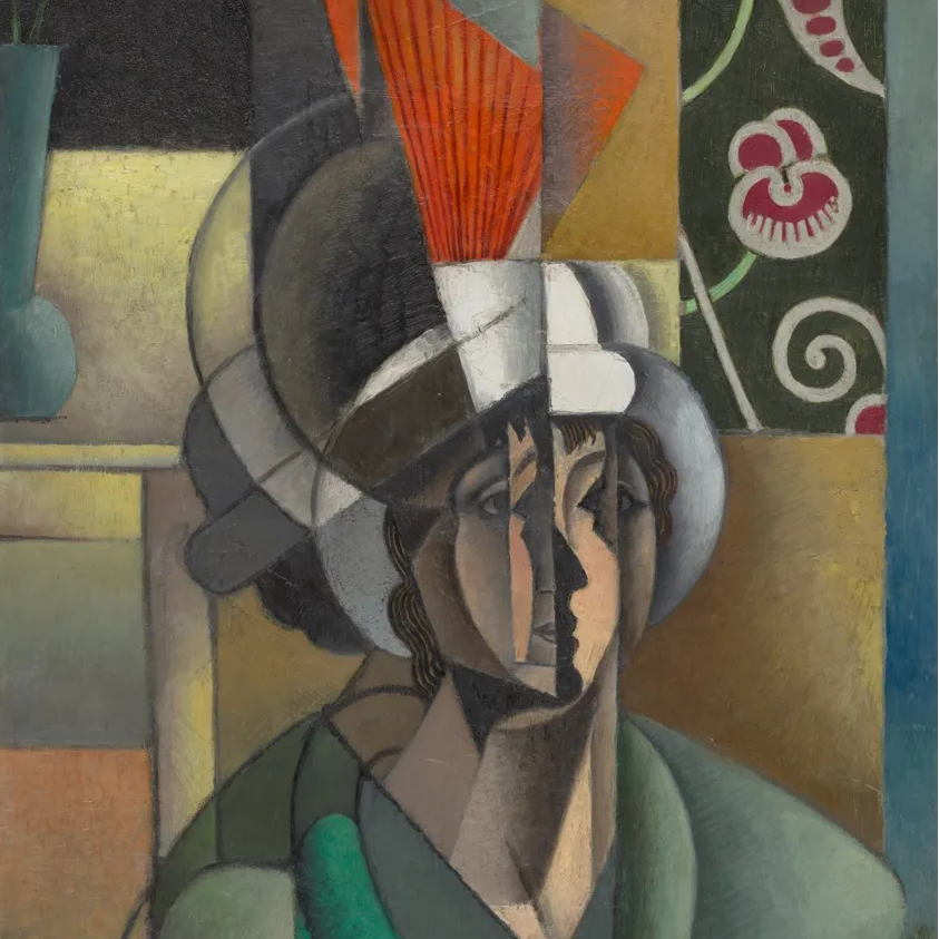 A modern, abstracted painting of a woman's profile interspersed amid a dominant frontal view of her face. 
